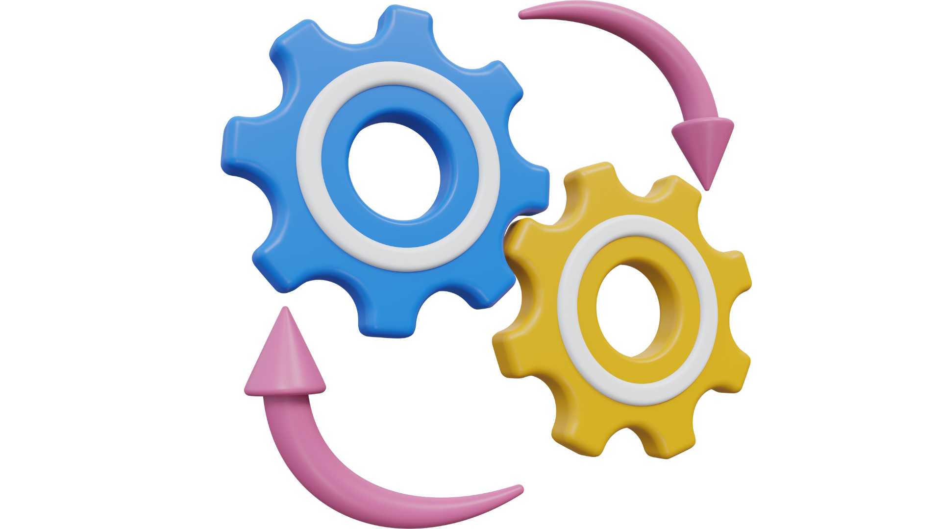A imagem mostra duas engrenagens em 3D, uma azul e uma amarela, com uma seta rosa em formato circular entre elas, representando movimento ou interação mecânica. A representação sugere conceitos de engenharia, mecânica, ou trabalho em conjunto.